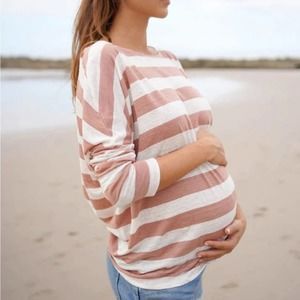 Hatch Maternity Linen 3/4 Sleeve Boxy Tee in Rose Stripe Breathable Women's S